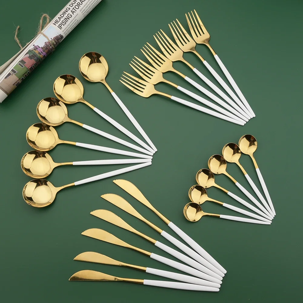Gold Plated Cutlery - 16/24/32/48-teiliges Besteckset Weiß-Gold Edelstahl-Essbesteck Gabel Küchenmesser