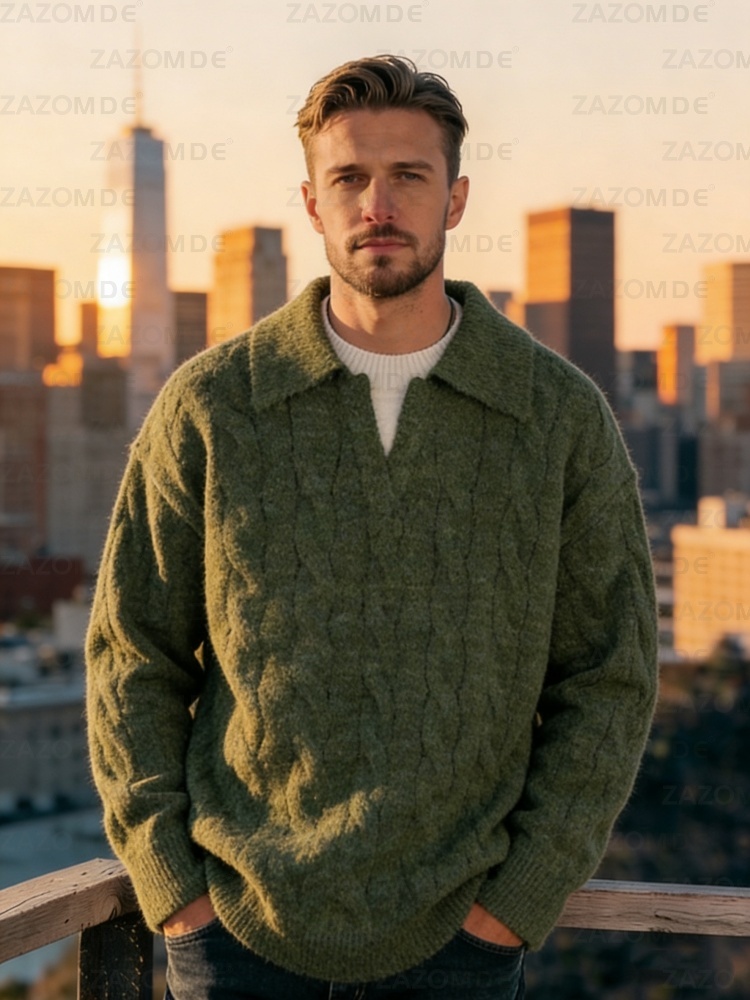 Luxury Lifestyle City - ZAZOMDE Luxus-Feeling-Herrenpullover, Waldgrün, Zopfmuster, Plüsch, Umlegekragen,