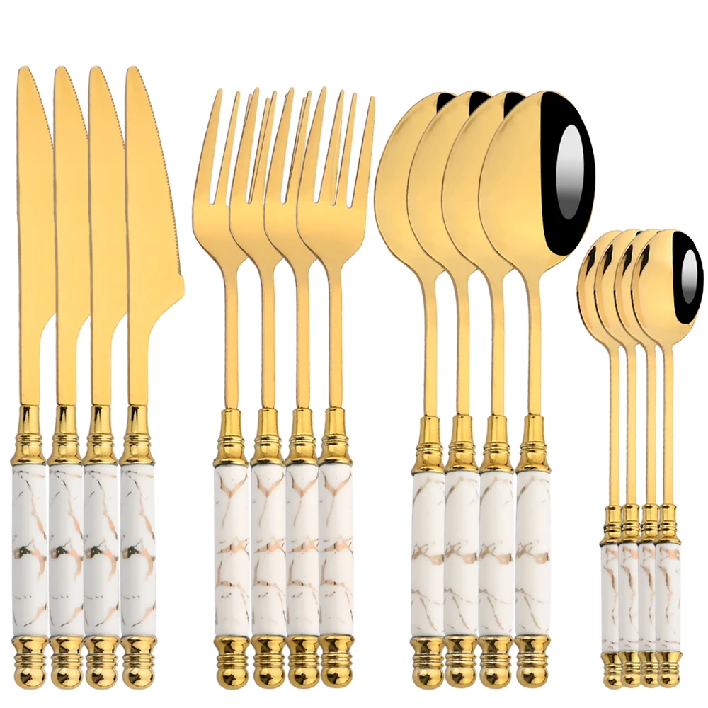 Gold Plated Cutlery - 16-teiliges Geschirr-Set, Besteck-Set, Spiegel, Keramikgriff, Gold,