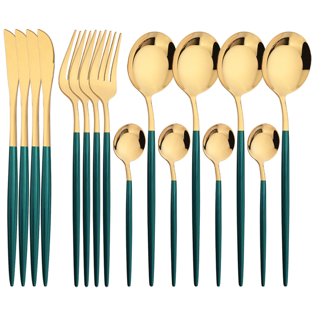 Gold Plated Cutlery - 16Pcs Grün Gold Geschirr Edelstahl Besteck